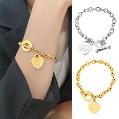 Damen-Armband, Edelstahl, Kette, Herz-Anhänger, Titanstahl, individueller Buchstabe, beschriftet, einfarbig, glatt, exquisiter Handgelenkschmuck