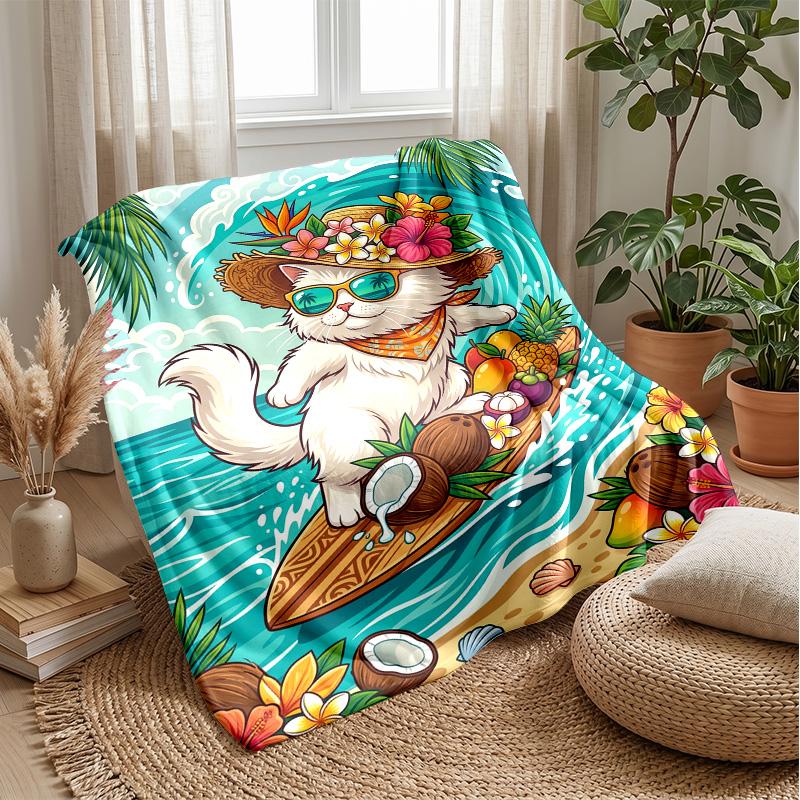 Surfing Cat Paradise Theme blanket Lightweight Warm Flannel Blanket Decorative Throw Blanket for Home Decoration