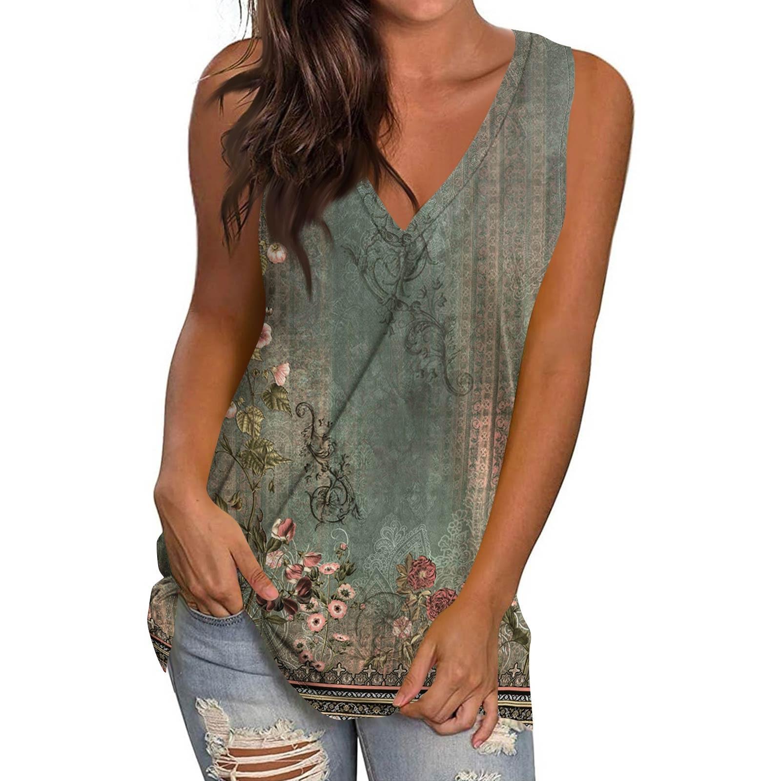 

Женская повседневная мода V-образный вырез без рукавов пуловер топ принтованный жилет футболка S