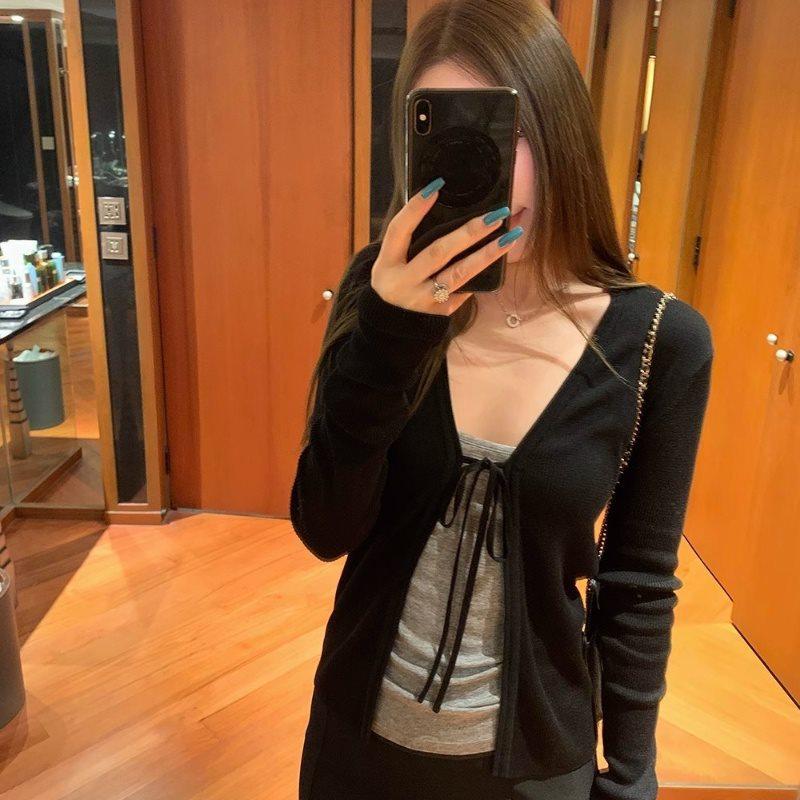 

Летний женский кардиган с V-образным вырезом и завязками для защиты от солнца, вязаная шаль. Small чёрный