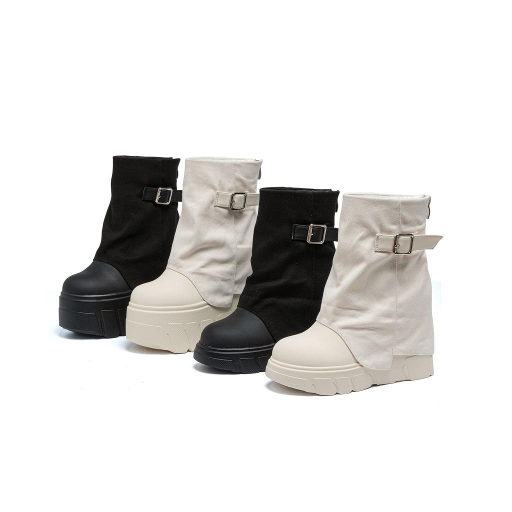 Thick-soled Inner Heightening Trouser Boots, New Women's Medium Tube Belt Buckle Short Boots In Autumn and Winter 2025, Solid Color Martin Boots