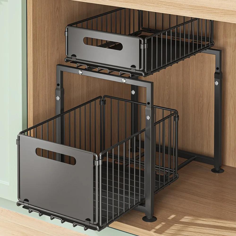 For Adjustable Under-Sink Organizer - Pull-Out Spice Rack & Storage Basket | Customizable Cabinet Shelf System