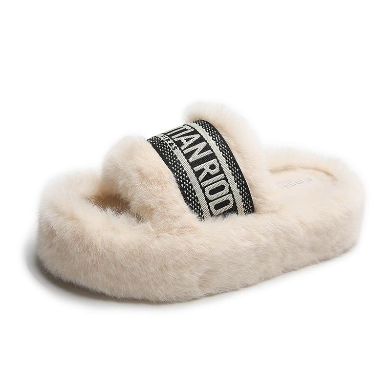 Thick Bottom Heightening Fluffy Slippers Women's Autumn and Winter Velvet Outer Wear 2025 New French Beautiful Letter Soft Bottom Cotton Mop