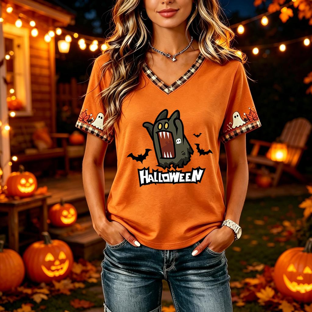 Tricouri Femei Halloween cu Decolteu în V Top cu Dovleac Tricou Casual Top pentru Petrecere de Sărbătoare