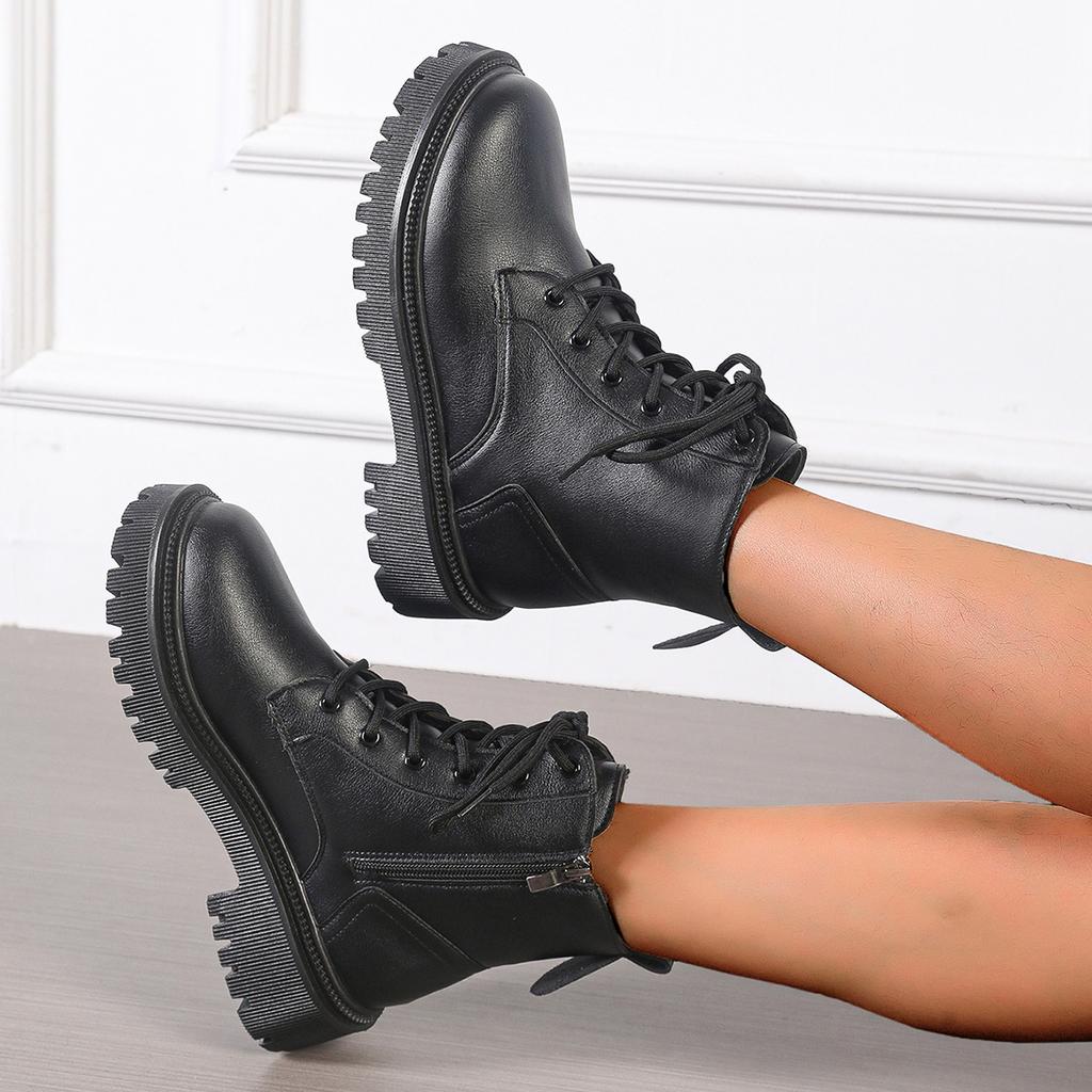 Moda 2024 Zima Grube Pluszowe Botki do Kostki Kobiety Moda Antypoślizgowe Platformowe Botki Bojowe Kobieta Sznurowane Zamek PU Skóra Botas Mujer