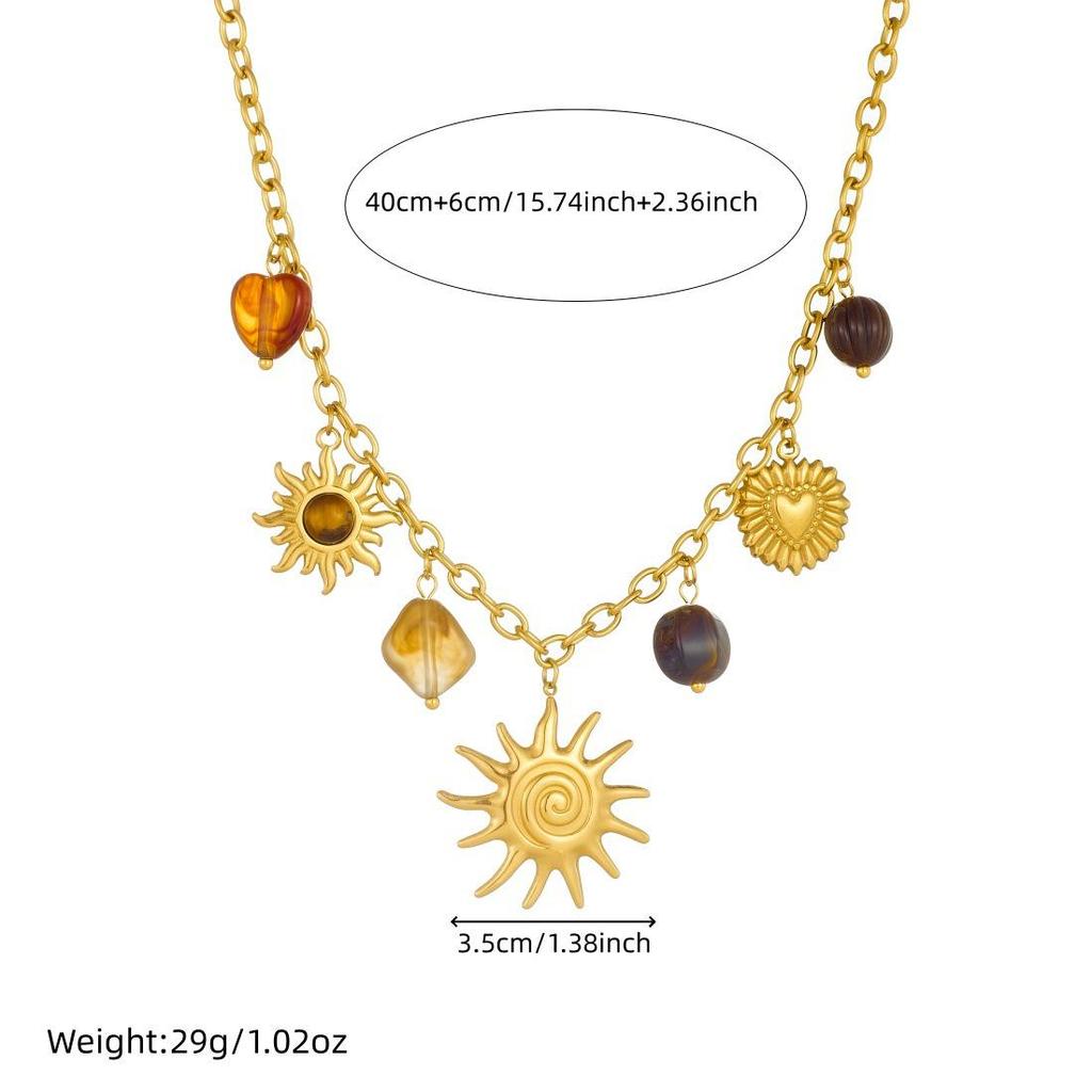 Retro Gold-Plated Sun Heart Tiger Eye Pendant Jewelry Set