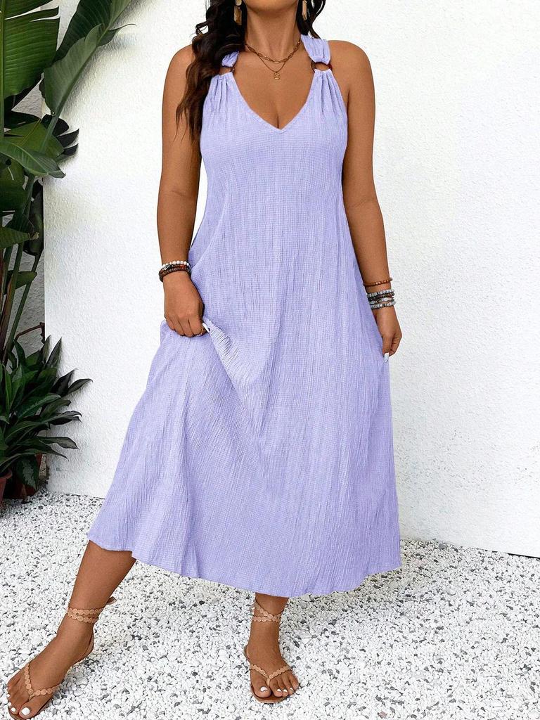 Damen Halterneck Plissee Midi Kleid Übergröße - Sommerlich Lässig Strandmode