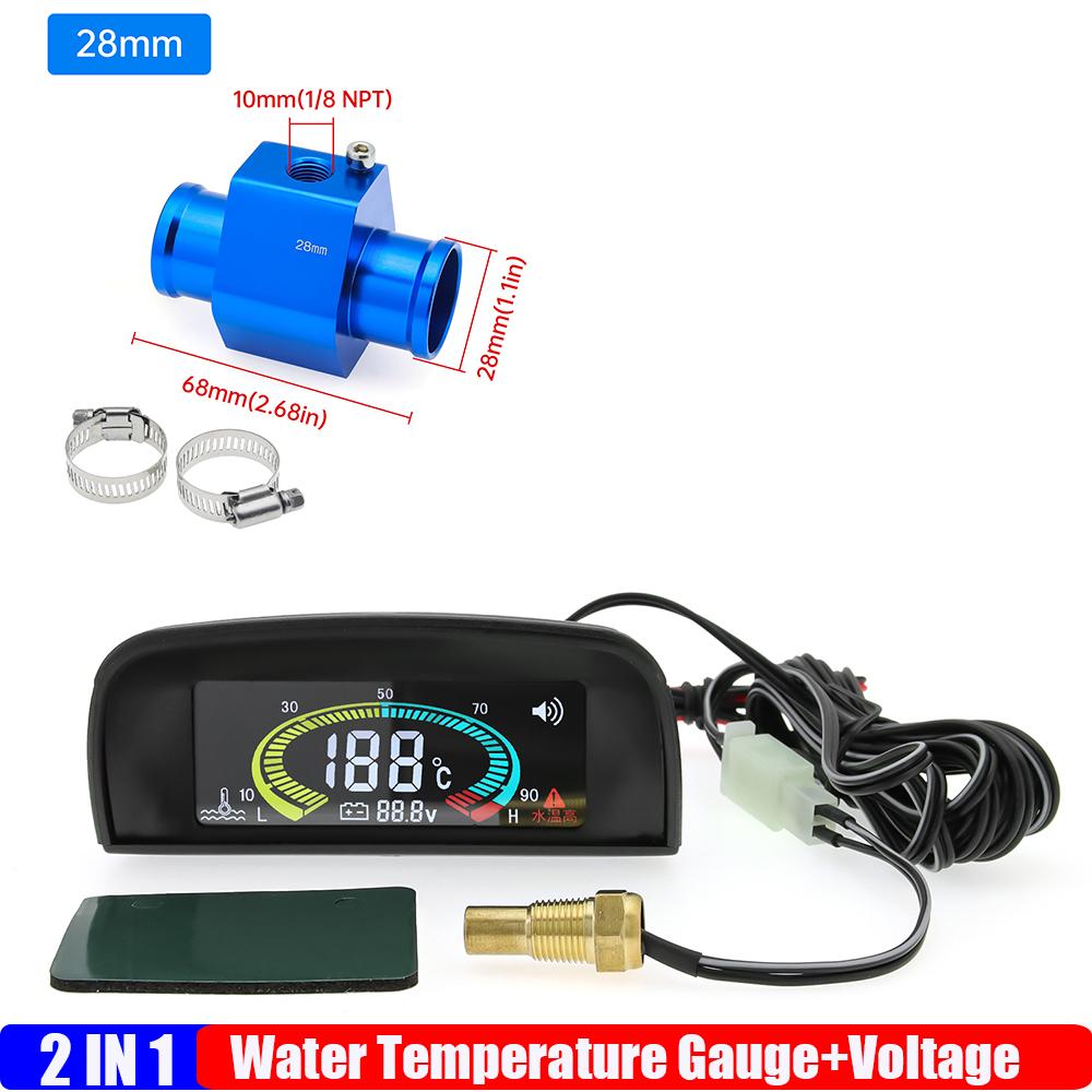 Digital Water Temperature Gauge+Voltage with Radiator Temp Joint Pipe Sensor Hose Adapter 2 IN 1 Car Meter Buzzing Flash Alarm