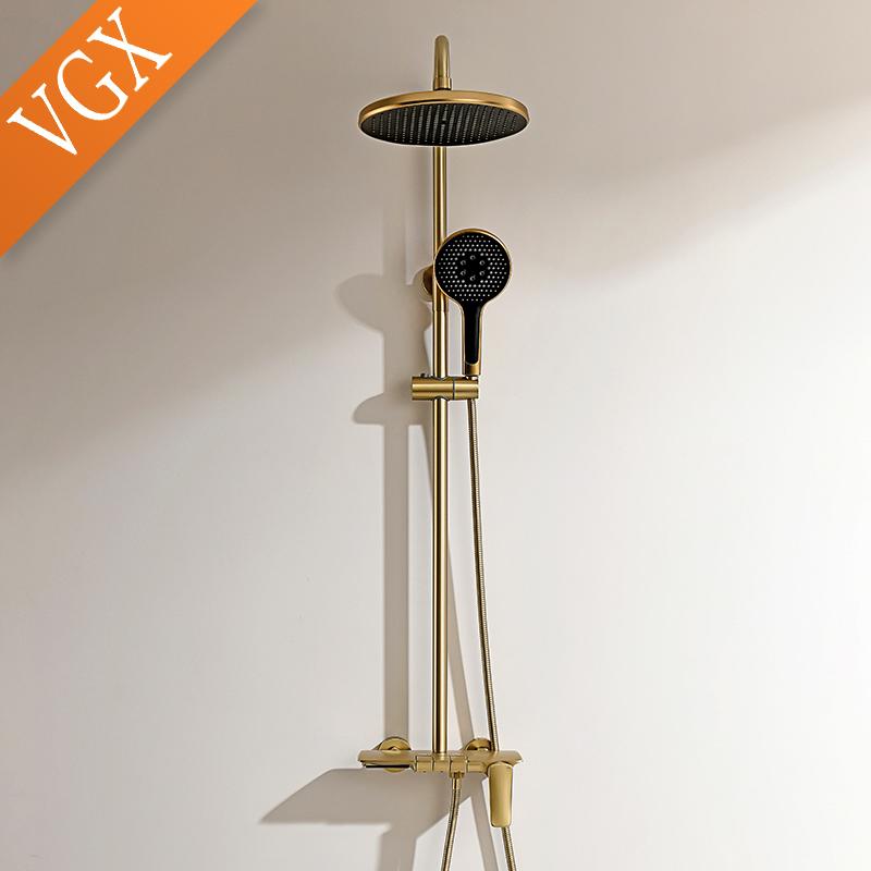 VGX Gold Shower System Bathroom Shower Faucet Set 3-way  Rainfall Shower Mixer Crane with Hand Shower Set Black Grey Chrome