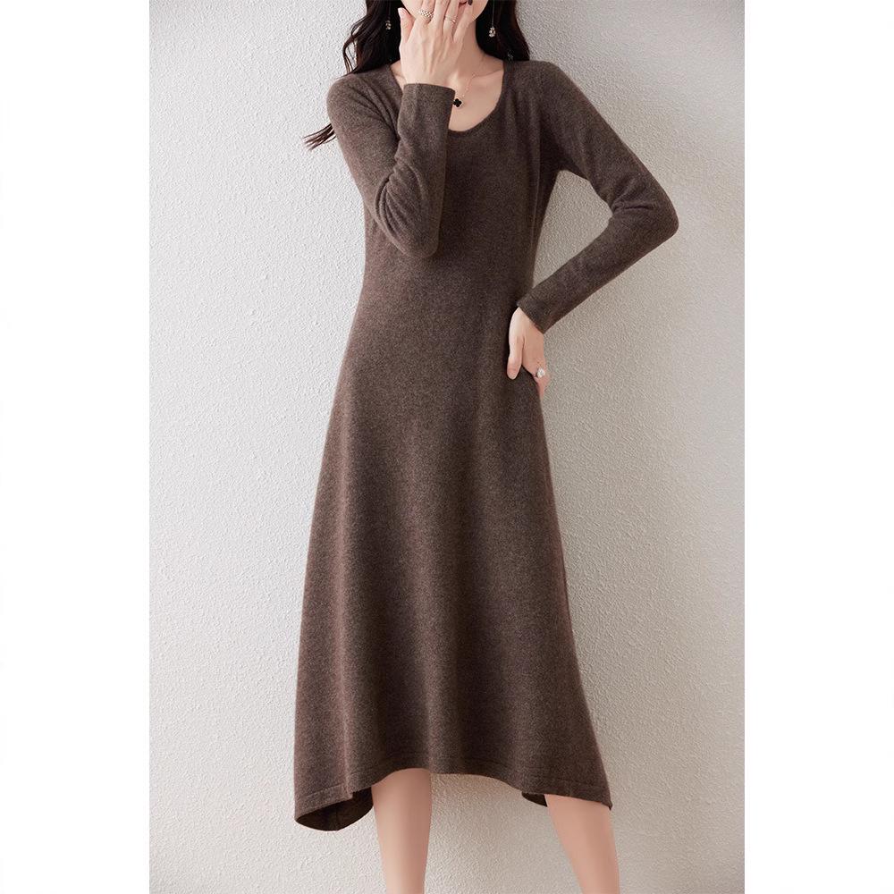 

Women s Extra Long 100% Wool U-Neck Slim Fit Knitted Sweater Dress - French Autumn/Winter Over-the-Knee Design M (100-110 jin)