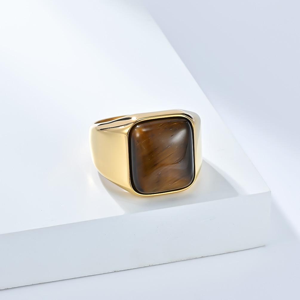 2026 Natural Gemstone Square Tiger's Eye Stone Ring Men's Personality High Sense Fashion Smooth Hand Jewelry