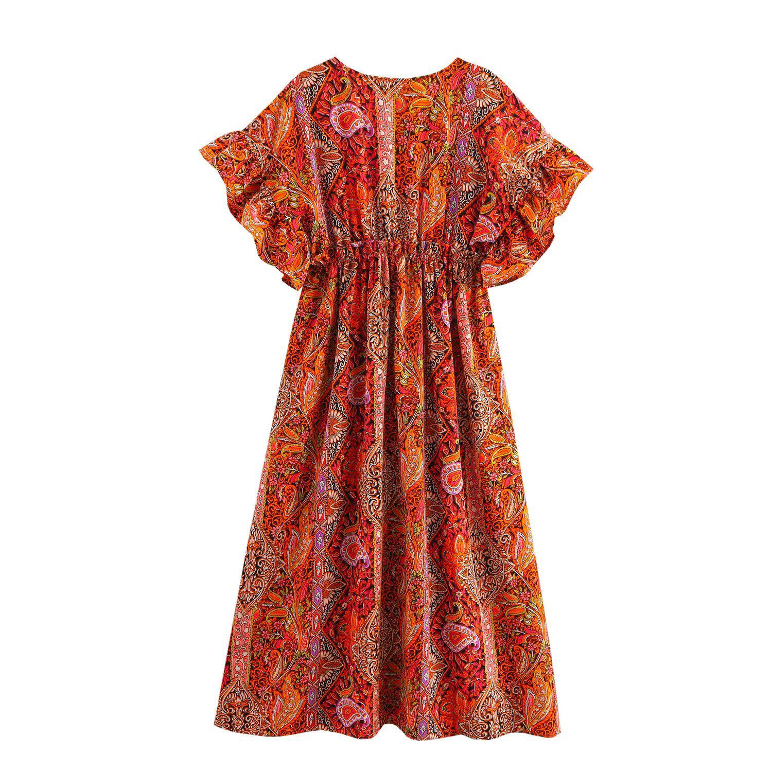 

Весна 2025 Этнический принт Рукав «летучая мышь» Длинное платье для женщин - Мода в европейском и американском стиле Large цветочный