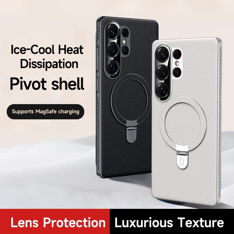 Heat Disspation 360 Rotatable Metal Stand Case For Samsung Galaxy S24 Ultra / S25 Ultra Vegan Leather Cover Eco-Friendly Shell