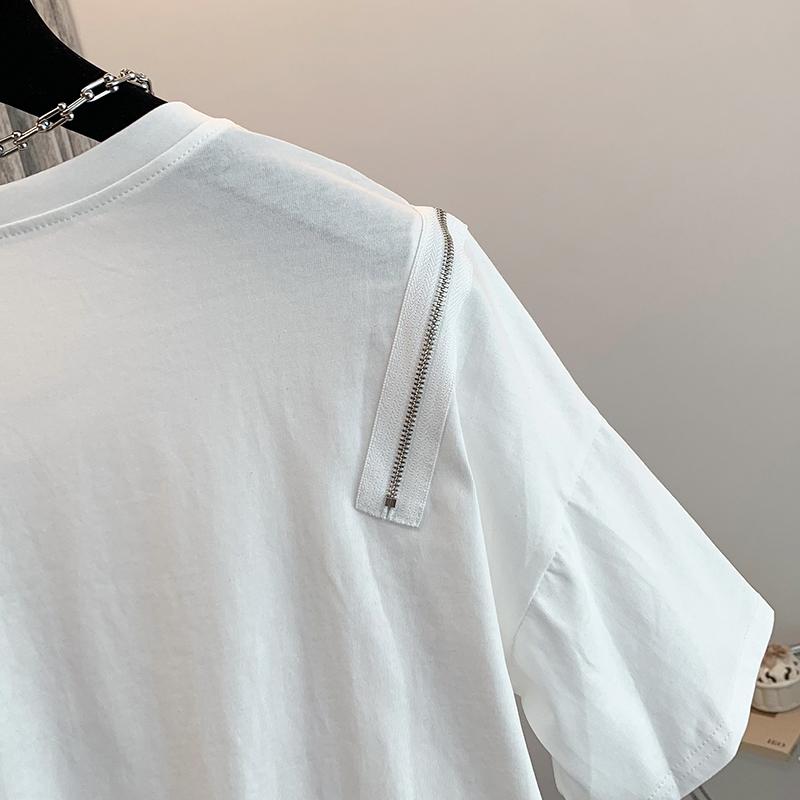 DIMANAF 2024 Women T-Shirt Zipper Female Solid O-Neck Cotton Loose Short Sleeve Tops&Tees