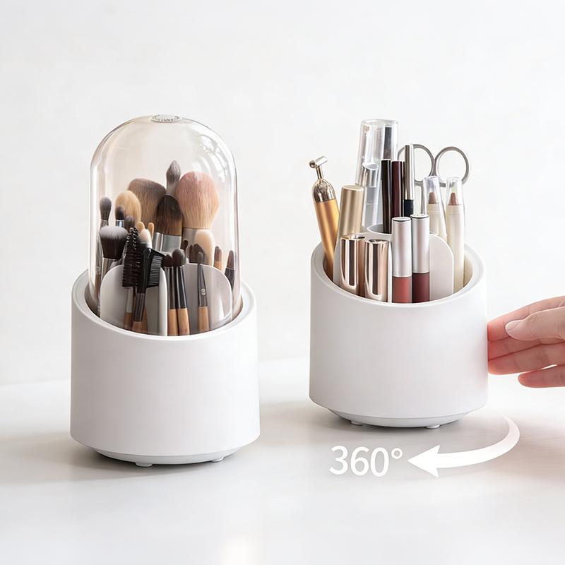 Rotatable Makeup Brush & Pencil Holder with Lid - Dustproof Desktop Organizer for Lipsticks & Eyebrow Pencils