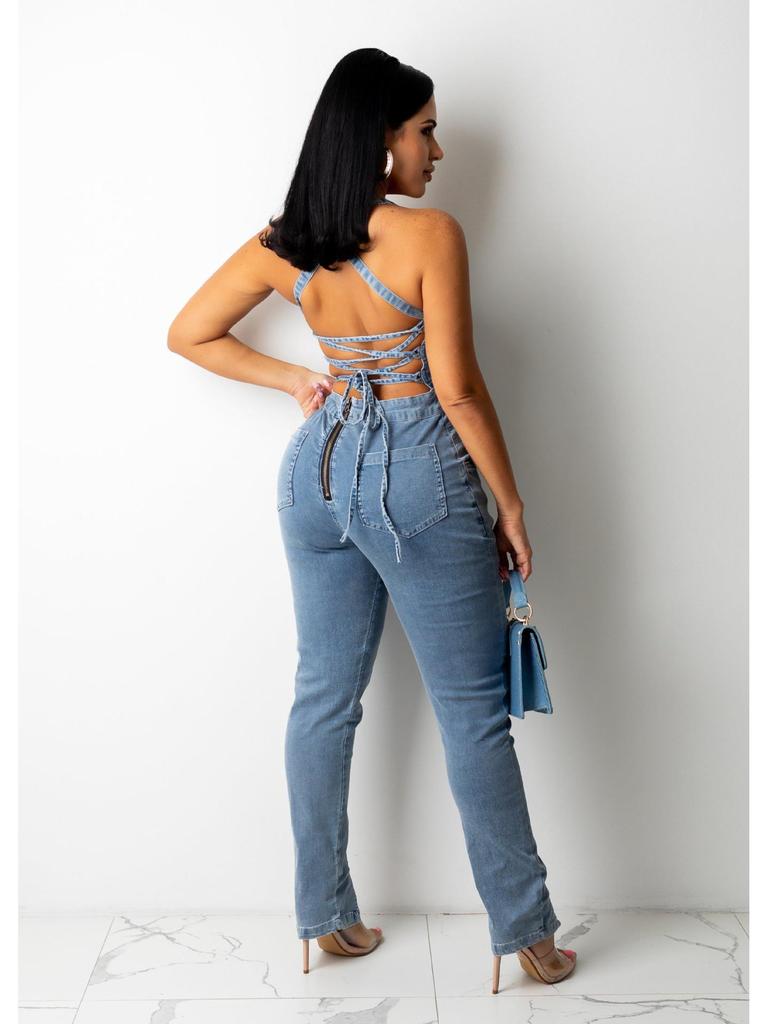 European American Casual Slim Backless Bandage Denim Jumpsuit