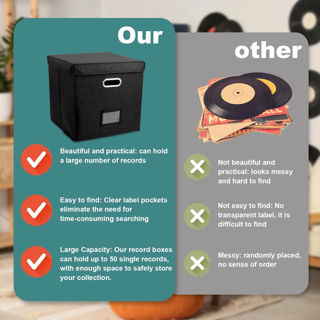 Foldable Vinyl Record Storage Bin Stackable Album Storage Organizer Box with Lid Hold UP 50 Albums Practical Record for Closet