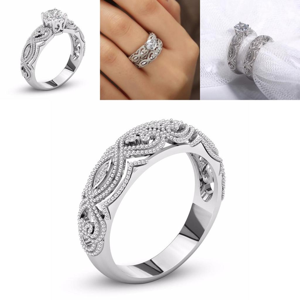 Elegant 2-in-1 Womens White Retro Engagement Wedding Band Heart Rings Set For Brides
