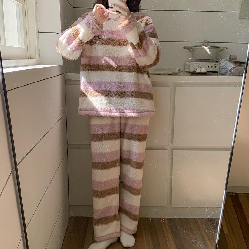 Wumida winter warm fleece thickened coral fleece pajamas women's cartoon printed flannel loungewear set