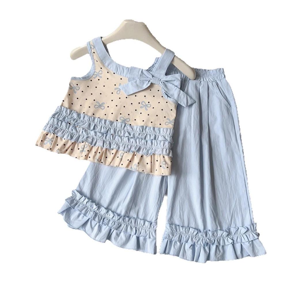 New Arrival: Girls' Bow Print Spaghetti Strap Wide-Leg Pants Set - Summer Cute Two-Piece