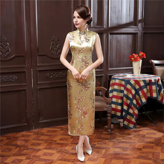 Ženy Léto Cheongsam Stojánek Límec Květinový potisk Dutý Rozdělený lem Bez rukávů Qipao Slim Fit Retro Čínský styl Délka do půli lýtek Svatba
