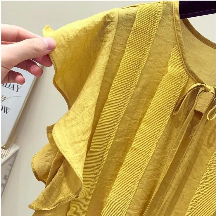 Camisa de gasa de manga corta, suelta, fresca, de color liso, de verano para mujer, top sencillo con volantes y lazo