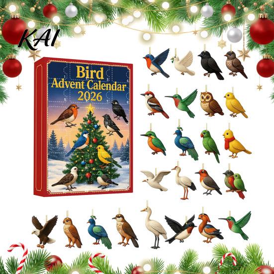 Festive Home Hanging Decor 24 Day Bird Advent Calendar with 2D Flat Acrylic Pendants, Christmas Countdown Calendar, Ornament for Holiday Trees