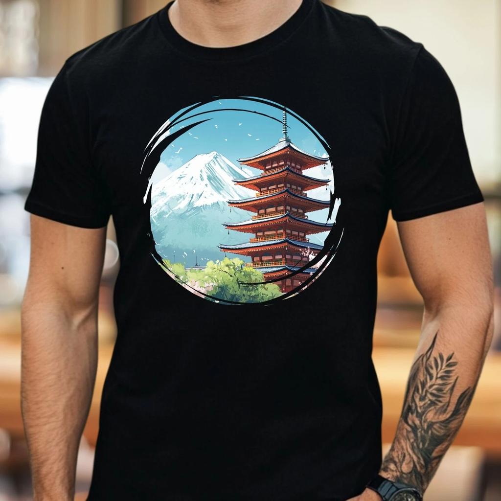 T-Shirt Herren Japanische Tempelpagode Motiv Baumwolle Größe S bis 5XL
