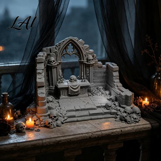 Miniature Puppet Scene Setting Gothic Ruin Skull Altar Table Ornaments 3D Printed Broken Chapel Castle Ruins Diorama Props Halloween Spooky Desktop