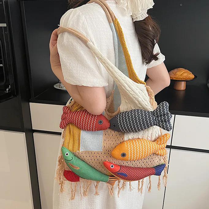 WTEMPO Ethnic-style Crossbody Single Shoulder Bags with Fish Doll Contrast Color Design Versatile Commuting/Shopping Bags Maillard Style Handbag Gifts