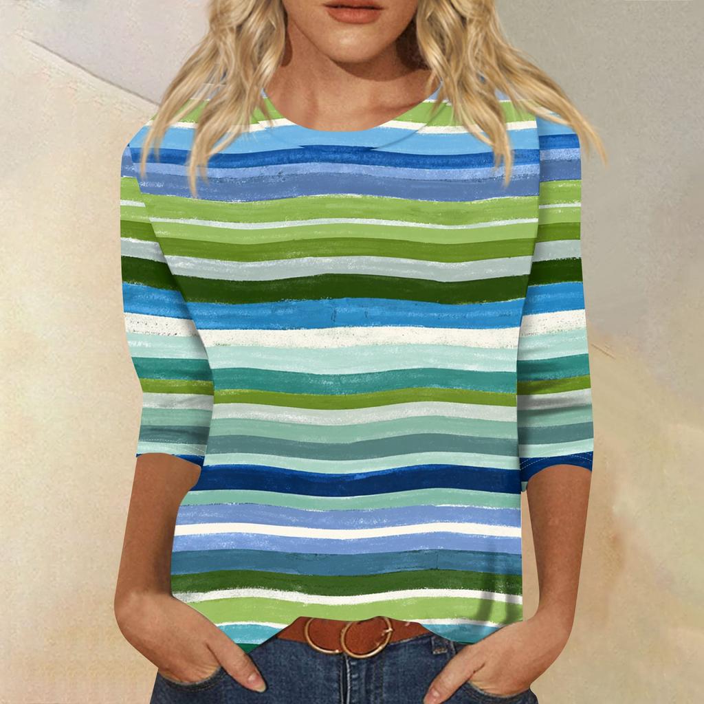 Women's Fashionable Casual Round Neck Three,quarter Sleeve Striped Printed T,shirt Top