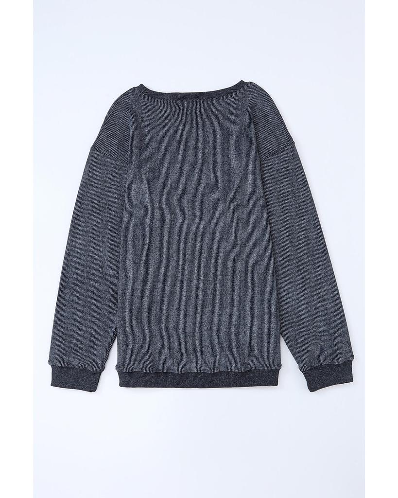 Azura Exchange Gray Ribbed Knit Round Neck Pullover Sweatshirt