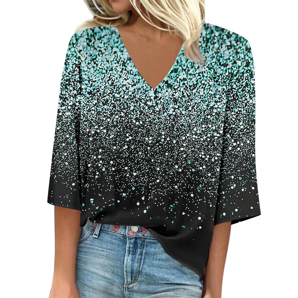 Women's Shirt Blouse Casual Loose Shirts 3/4 Sleeve Print V Neck Tops Print Tops T-shirts Tee