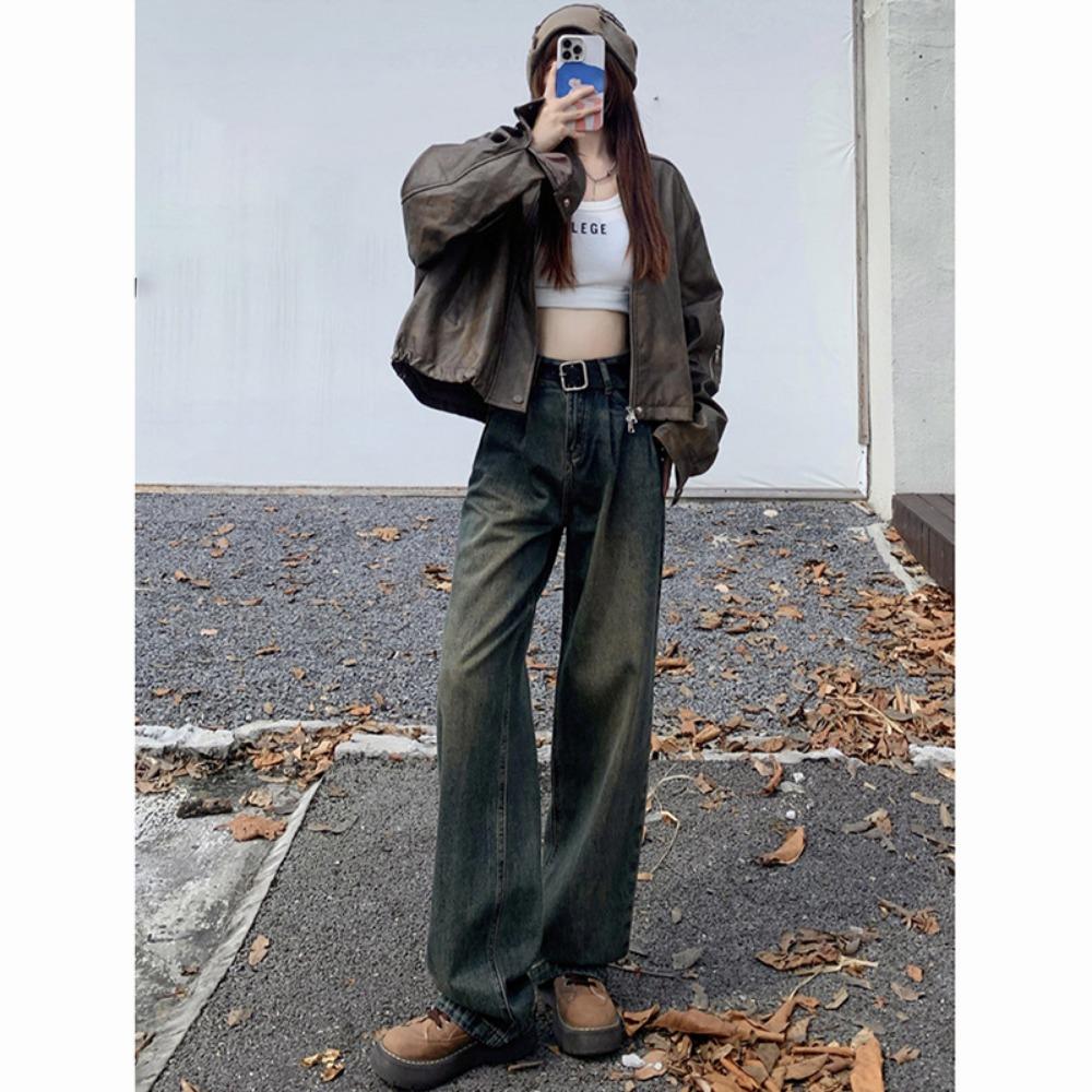 Wide-leg jeans women's autumn and winter new Korean version high-waisted thin pleated straight lazy mopping pants ins