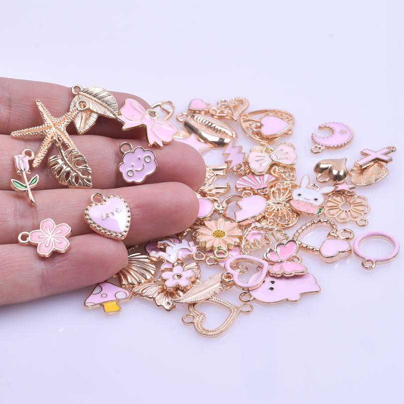 Pink Girl Pendant Random Mix 10/20/30/50pcs Cute Heart Rabbit Flower Diy Enamel Charms For Jewelry Making Bulk Handmade Material