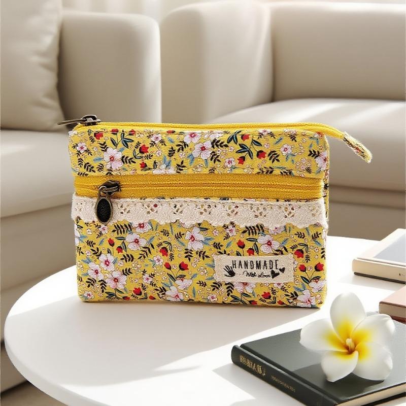 Japanese Floral Canvas Coin Purse Double Zipper Wallet Small Card Holder Cash Pouch Multi Pocket Change Purse for Women