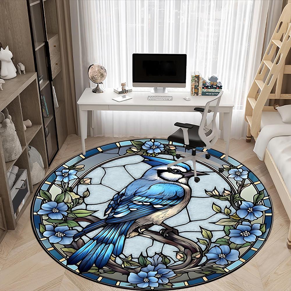 1pc Stained Glass Bird Office Round Area Rug, Under Office Chairs Bedroom Living Room Home Decor, Room Deco