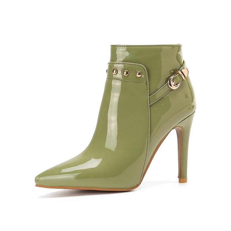 Plus Size Dark Green Metal Rivets Decorated Women's Ankle Boots Patent Leather Belt Buckle Super Stiletto Pointed Toe Shoes