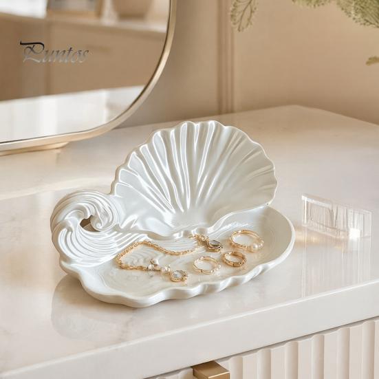 Vassoio porta Aromaterapia Stampa 3D Conchiglia Onda Vassoio Portagioie, Piatto Organizer Bianco Perlescente, Elegante Porta Anelli Accessorio Comodino Camera da Letto Oggetto Decorativo