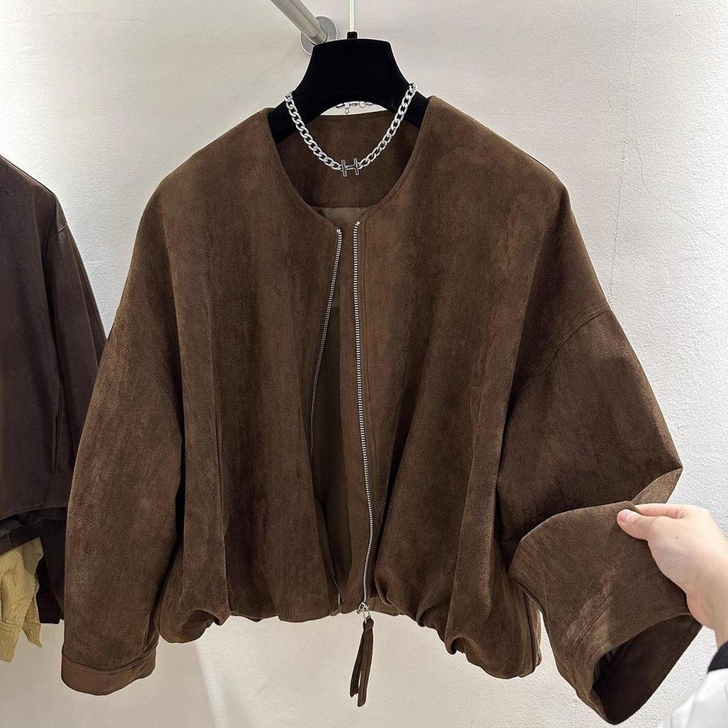 Women's European-Style Faux Suede Baseball Jacket - Petite, Stylish, and Versatile