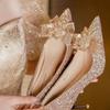 French Stiletto Crystal Sequins Silver Fairy High Heels New Bow Bridal Wedding Shoes Main Dress