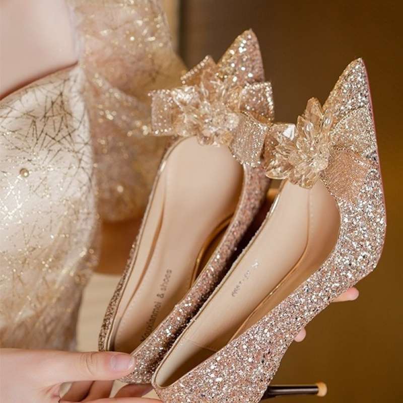 French Stiletto Crystal Sequins Silver Fairy High Heels New Bow Bridal Wedding Shoes Main Dress