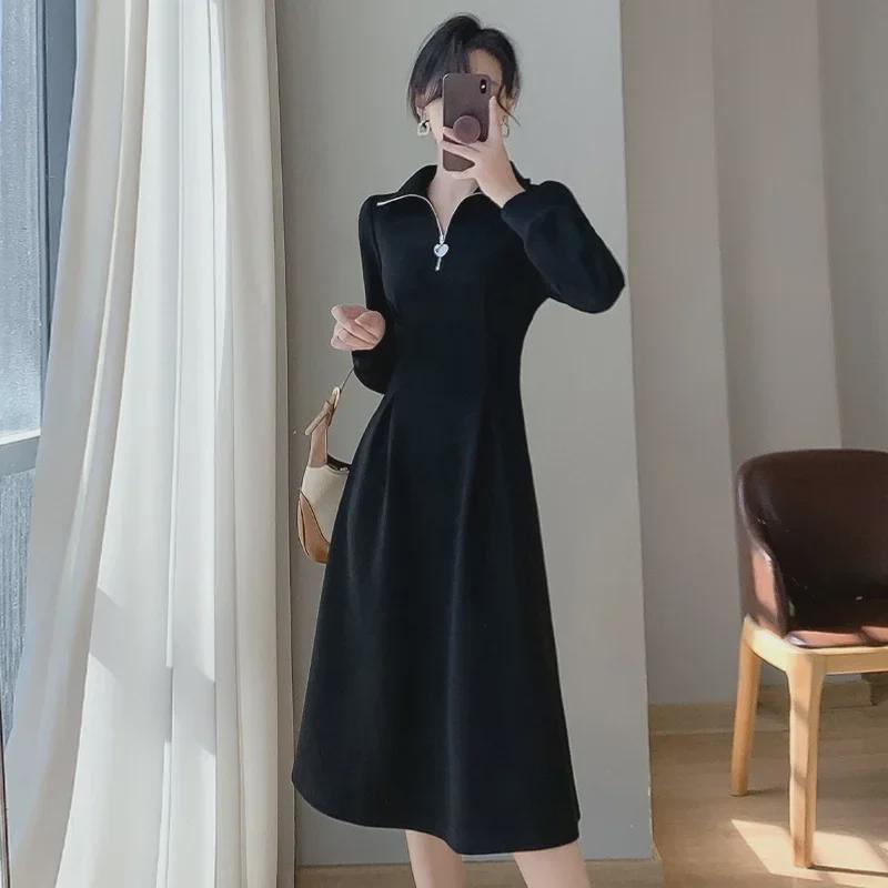 Elegante Abito Francese Autunno/Inverno per Donne Petite con Fodera in Velluto e Cappotto, Gonna Lunga