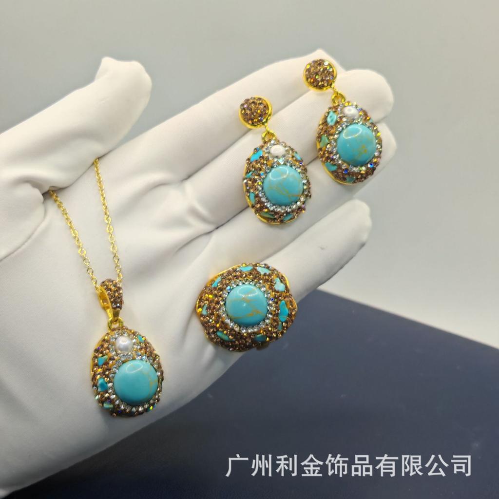 Natural turquoise pearl earrings three-piece set niche design high-end inlaid rough stone necklace jewelry set women