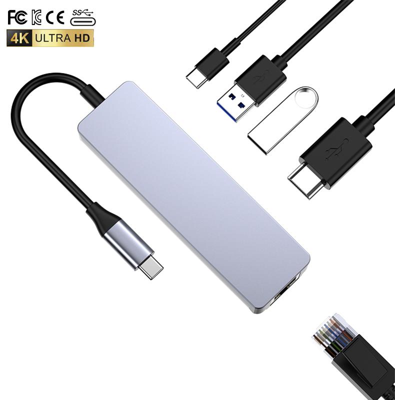 High Quality 5 in 1 USB-C hdmi Hub 5 Ports With 2USB+PD+HDMI+RJ45(1000Mbps) Converter Adapter Fast Charger Type C Hub Multiports