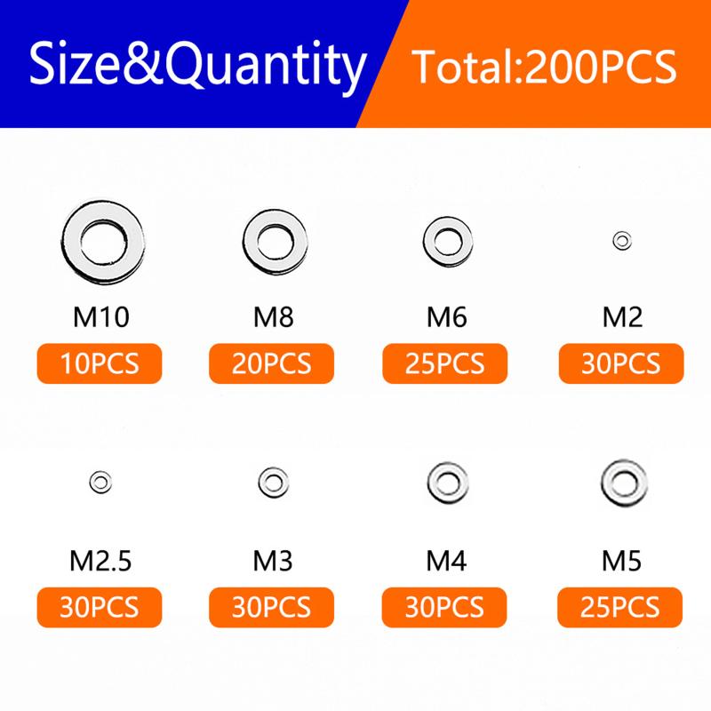 910/200Pcs Suitable For Home Decoration 304 Stainless Steel Flat Washers Assortment Kit (M2 M2.5 M3 M4 M5 M6 M8 M10 M12)