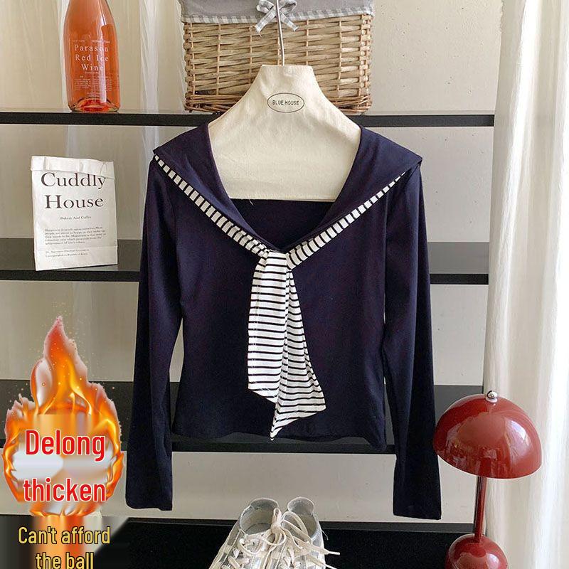 Korean Style Drop Shoulder Naval Collar Long Sleeve Top for Women, Slim Fit Flowy Ribbon Design, Perfect for Spring/Autumn.