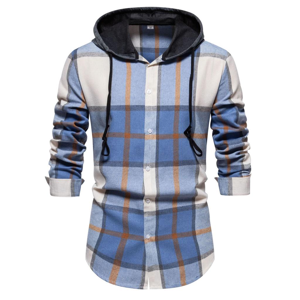 Men's Classic Retro Plaid Shirts Long Sleeve Shirt Jacket with Hood Casual Plaid Shirt for Men Lightweight Work Shirts