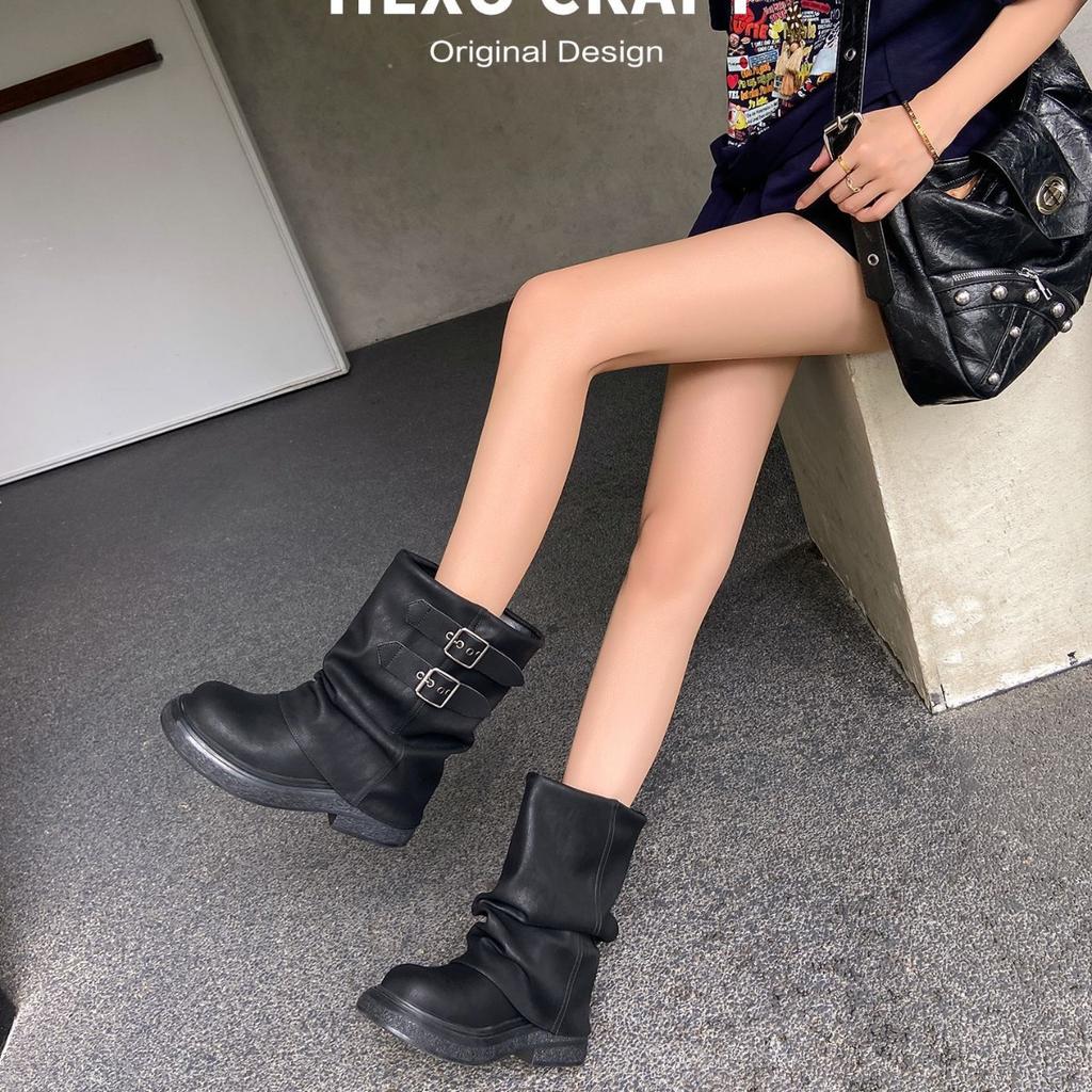 New Autumn and Winter Martin Boots Women's Maillard Platform Heightening Short Locomotive Slack Wrinkled Stack Boots