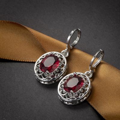 Earring Women Fashion Texture Cute Fine Jewelry Silver Color Lovely Carved Rose Red Stone Earrings